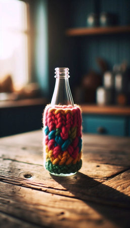 A clear glass milk bottle mockup nestled in a colorful, knitted reusable sleeve, on a wooden kitchen table, Ai generated imageの写真素材