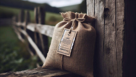 A burlap sack mockup with a blank label made of pressed leaves and twine, resting against a wooden fence post, Ai generated imageの写真素材