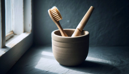 A bamboo toothbrush mockup standing upright in a simple, raw clay cup on a slate windowsill.