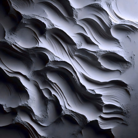 A close-up mockup of a textured plaster wall showing trowel marks, sand aggregate, and a matte,...