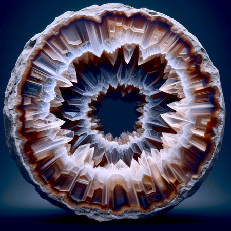 A macro mockup of a geode slice showing a plain outer crust and a breathtaking, empty cavity lined with crystalline structures, Ai generated imageの写真素材
