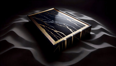 A large, rectangular tray mockup carved from black marble with thin, inlaid gold lines, isolated on...