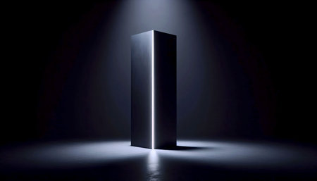 A tall, matte black cylindrical column mockup in an empty, dark space, lit by a vertical slit of...