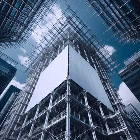 A large fabric banner mockup stretched across the scaffolding of a downtown high-rise under...