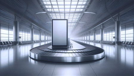 A curved, panoramic advertising mockup panel positioned above an empty airport baggage carousel, Ai...