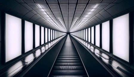 A vertical, sequential panel mockup running alongside an empty, moving escalator in a modern subway station, Ai generated imageの写真素材