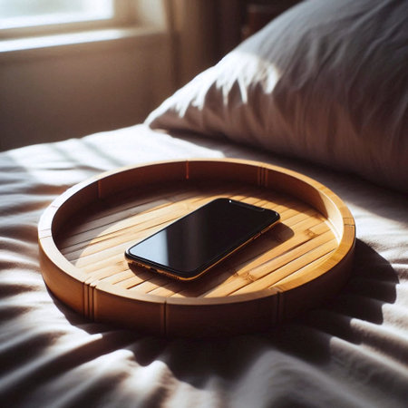 A smartphone mockup placed screen-down inside a woven bamboo tray on a made bed, morning light...