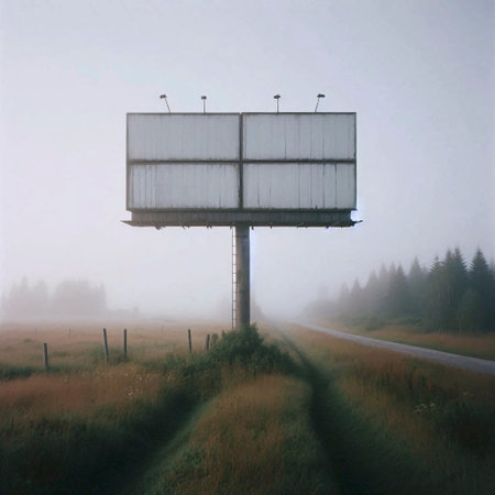 A classic, double-sided billboard mockup on a grassy field at the edge of a country road during a misty morning, Ai generated imageの写真素材