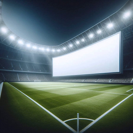 A curved perimeter advertising board mockup, blank and unlit, encircling an empty football pitch...