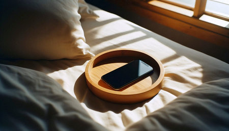 A smartphone mockup placed screen-down inside a woven bamboo tray on a made bed, morning light...