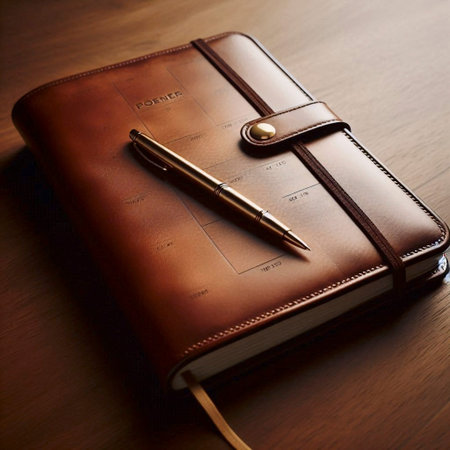 An open, blank paper weekly planner mockup with a pen, centered on a desk where a monitor would...