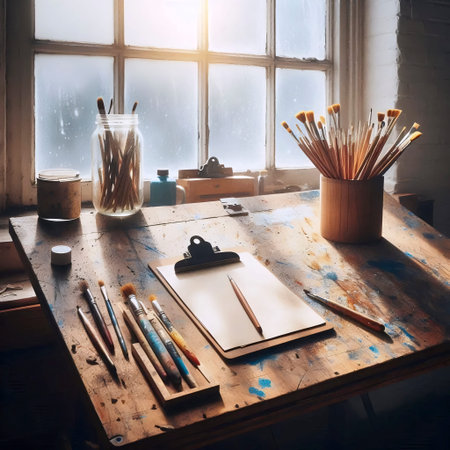 A wide, paint-splattered wooden drafting table mockup with an empty clipboard and a cup of clean brushes, by a sunlit window, Ai generated imageの写真素材