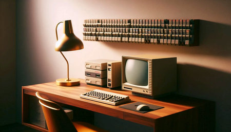 A walnut desk mockup with empty spaces for a CRT monitor and vintage keyboard, under a shelf with empty game cartridge slots, Ai generated imageの写真素材