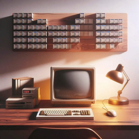 A walnut desk mockup with empty spaces for a CRT monitor and vintage keyboard, under a shelf with empty game cartridge slots, Ai generated imageの写真素材