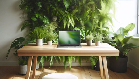 A light oak desk mockup positioned against a lush, vertical green wall of live plants, with empty space for a laptopの写真素材