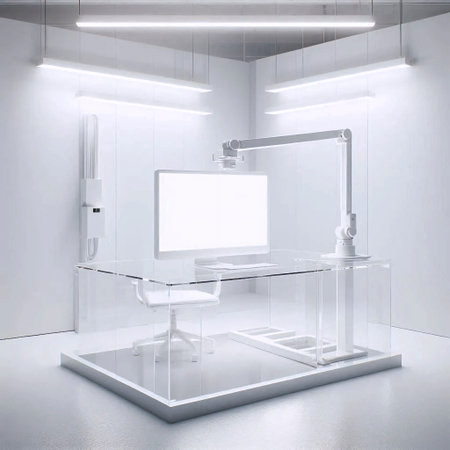 A clear acrylic desk mockup floating in a bright room, with a single monitor mounted on a white arm...