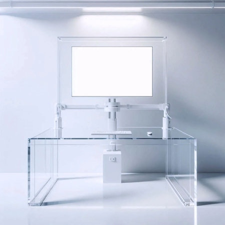 A clear acrylic desk mockup floating in a bright room, with a single monitor mounted on a white arm...