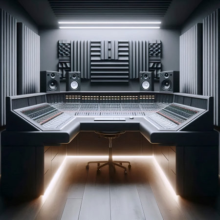 A deep, studio-style desk mockup with an empty, angled slot for a mixing console, set in a room with...