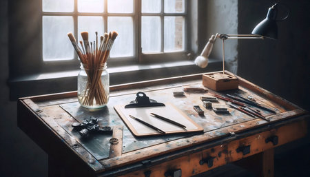 A wide, paint-splattered wooden drafting table mockup with an empty clipboard and a cup of clean...