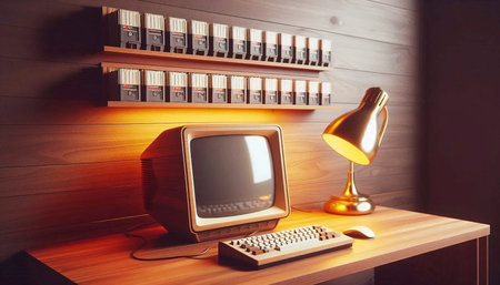 A walnut desk mockup with empty spaces for a CRT monitor and vintage keyboard, under a shelf with...