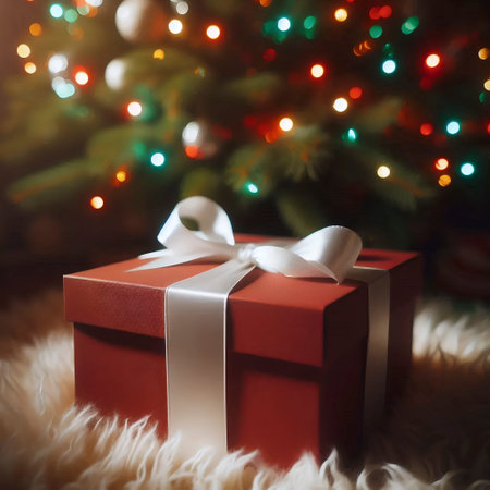 A matte red gift box mockup with a white satin ribbon, untied and laid flat under the twinkling lights of a Christmas tree, Ai generated imageの写真素材