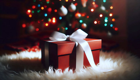 A matte red gift box mockup with a white satin ribbon, untied and laid flat under the twinkling lights of a Christmas tree, Ai generated imageの写真素材