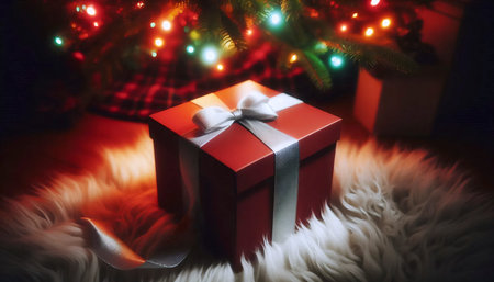 A matte red gift box mockup with a white satin ribbon, untied and laid flat under the twinkling lights of a Christmas tree, Ai generated imageの写真素材