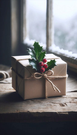 A kraft paper gift box mockup adorned with a sprig of fresh holly and berries, on a rustic wooden table, Ai generated imageの写真素材