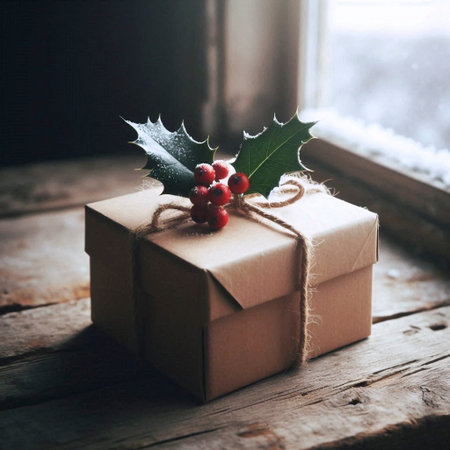 A kraft paper gift box mockup adorned with a sprig of fresh holly and berries, on a rustic wooden table, Ai generated imageの写真素材