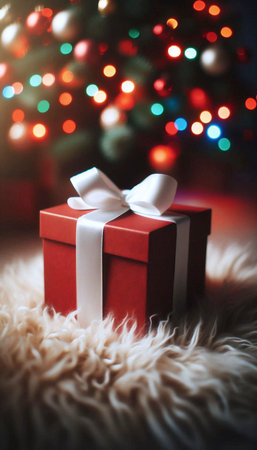 A matte red gift box mockup with a white satin ribbon, untied and laid flat under the twinkling lights of a Christmas tree, Ai generated imageの写真素材
