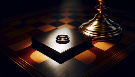 A single, empty platinum ring setting mockup placed on a black square of a vintage chessboard in a...