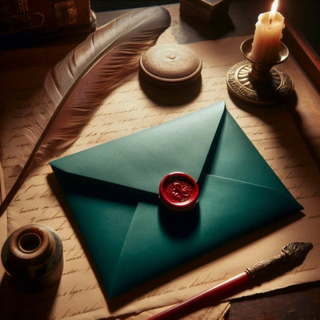 A deep green envelope mockup with a blank, red wax seal, on a desk with a feathered quill