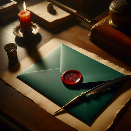 A deep green envelope mockup with a blank, red wax seal, on a desk with a feathered quill, Ai...