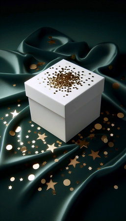 A simple white gift box mockup sprinkled with metallic gold confetti on a dark green velvet...