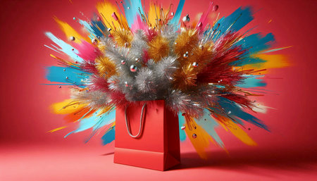 A simple paper gift bag mockup overflowing with strands of silver and gold tinsel, on a colorful...