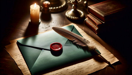 A deep green envelope mockup with a blank, red wax seal, on a desk with a feathered quill, Ai generated imageの写真素材