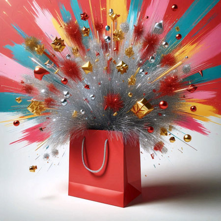 A paper gift bag mockup overflowing with strands of silver and gold tinsel, on a colorful abstract...