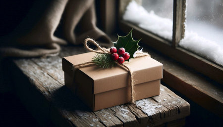 A kraft paper gift box mockup adorned with a sprig of fresh holly and berries, on a rustic wooden table, Ai generated imageの写真素材
