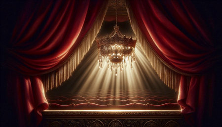 A solitary, empty chandelier earring back mockup dangling from a fold of deep crimson velvet in a...