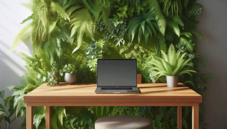 A light oak desk mockup positioned against a lush, vertical green wall of live plants, with empty...