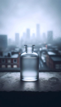 A solitary empty bottle mockup on a foggy windowsill, Ai generated image