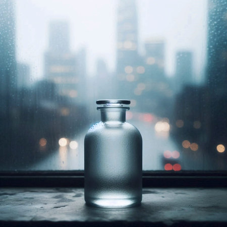 A solitary empty perfume bottle mockup on a foggy windowsillの写真素材