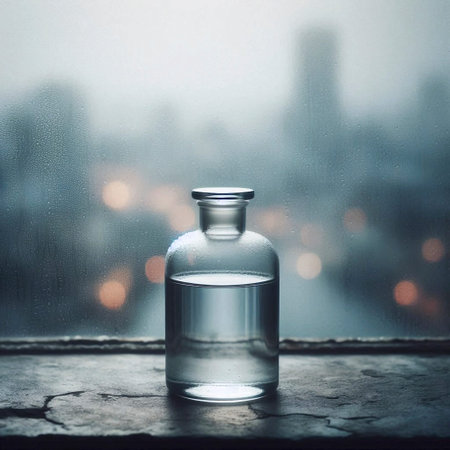 A solitary empty bottle mockup on a foggy windowsill, Ai generated imageの写真素材