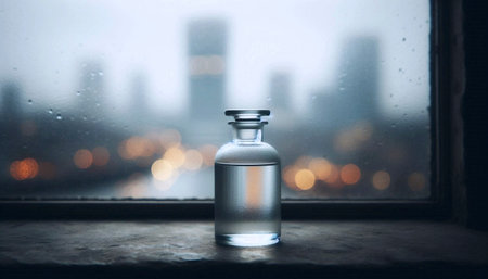 A solitary empty perfume bottle mockup on a foggy windowsill, Ai generated image