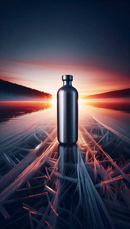A minimalist cylindrical bottle mockup standing upright on the perfectly clear iceの写真素材