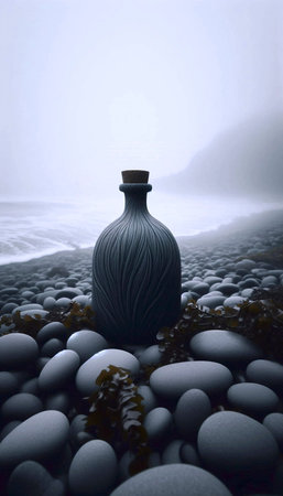 A smooth, river stone-shaped bottle mockup placed among actual wet stones on a misty, Ai generated...