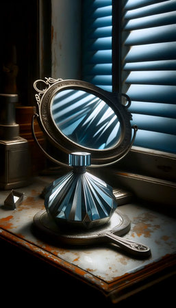 An art deco-inspired bottle mockup resting on a tarnished silver hand mirror on a vanity, Ai generated imageの写真素材