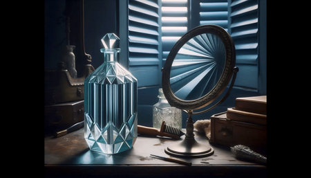 An art deco-inspired bottle mockup resting on a tarnished silver hand mirror on a vanity, Ai generated imageの写真素材