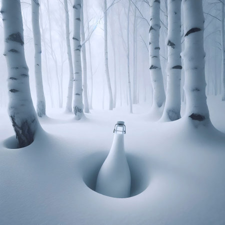 A frosted glass bottle mockup partially buried in fresh snow