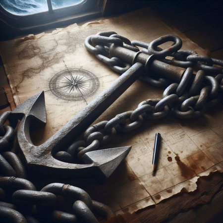 A length of empty, classic anchor chain mockup laid out across a weathered, generated image